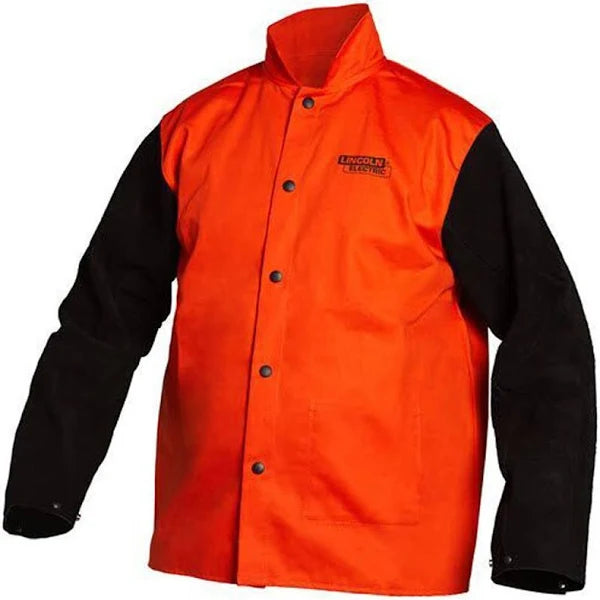 Lincoln Redline Flame Retardant Bright Safety Orange with Leather Sleeves Welding Jacket K4690