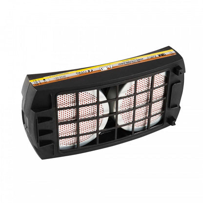 A black organic vapour and acid gas filter with a white filter material visible inside a clear plastic frame.