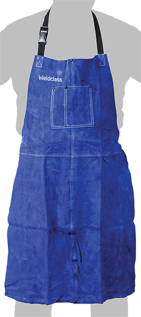 A blue leather apron with a front pocket, adjustable straps, and the brand 'Weldclass' printed on the front.