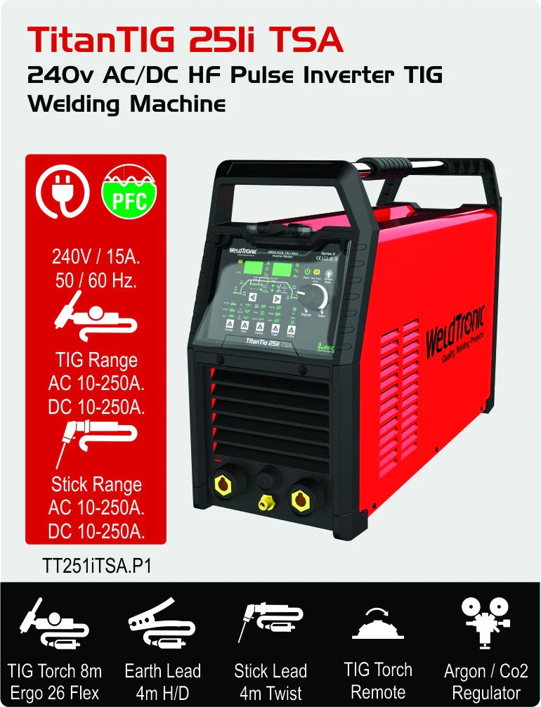 weldtronic 251i tsa 240v AC/DC HF Pulse Inverter TIG Welding Machine (Air Cooled)